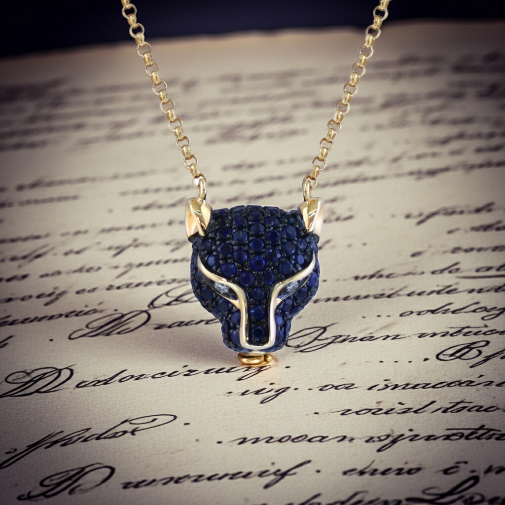 Small But Fierce Pave Blue Sapphire Panther EFFY Necklace with Diamond Eyes in 14K