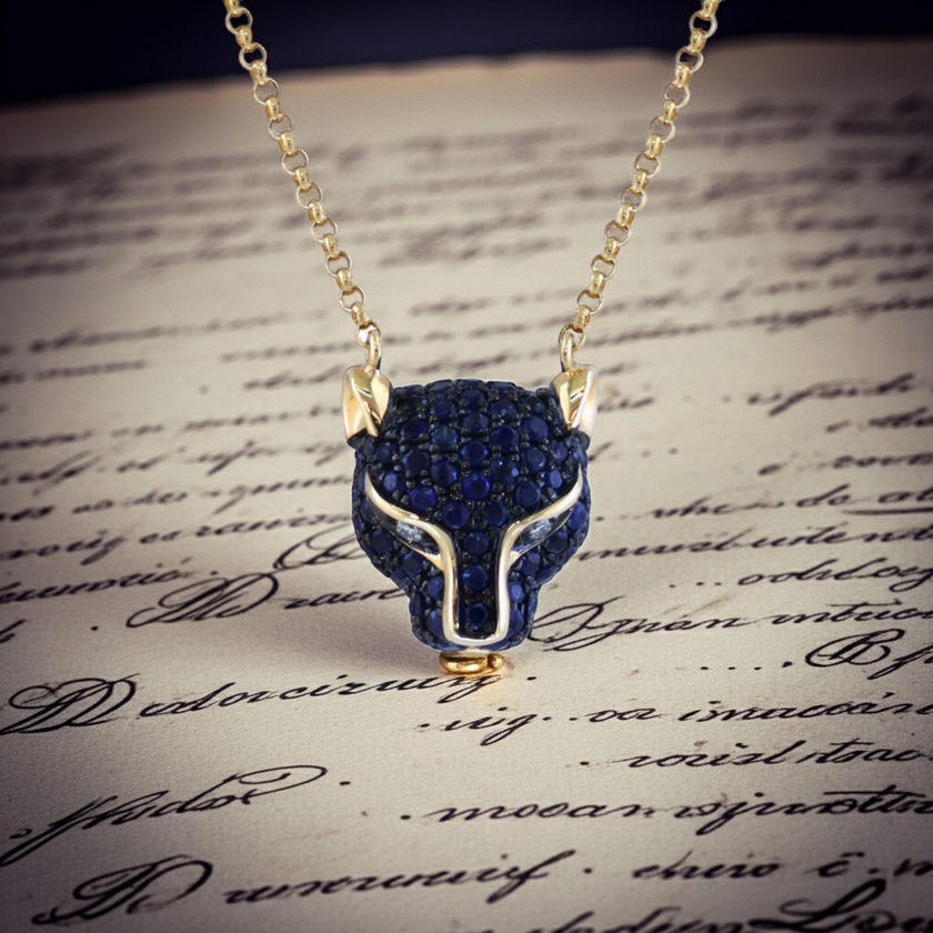 Small But Fierce Pave Blue Sapphire Panther EFFY Necklace with Diamond Eyes in 14K