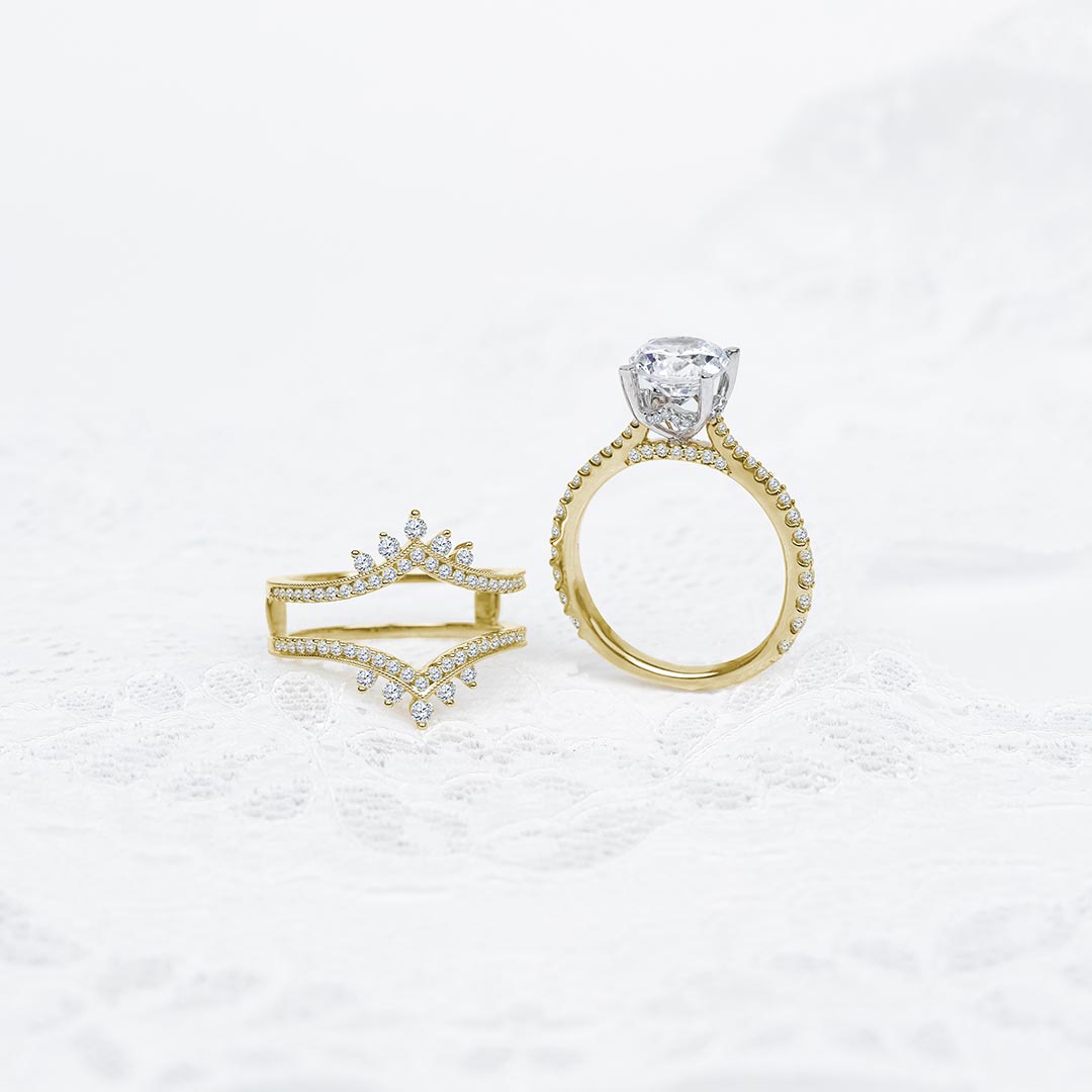 Dazzling Double Chevron Diamond Insert Wedding Ring in 14K Yellow Gold