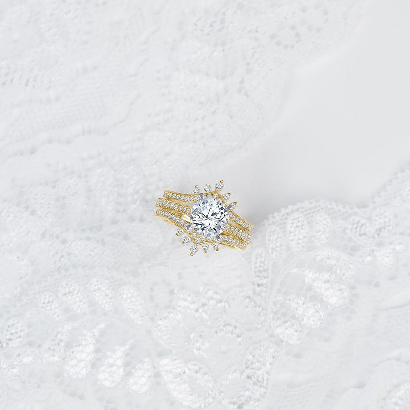 Dazzling Double Chevron Diamond Insert Wedding Ring in 14K Yellow Gold