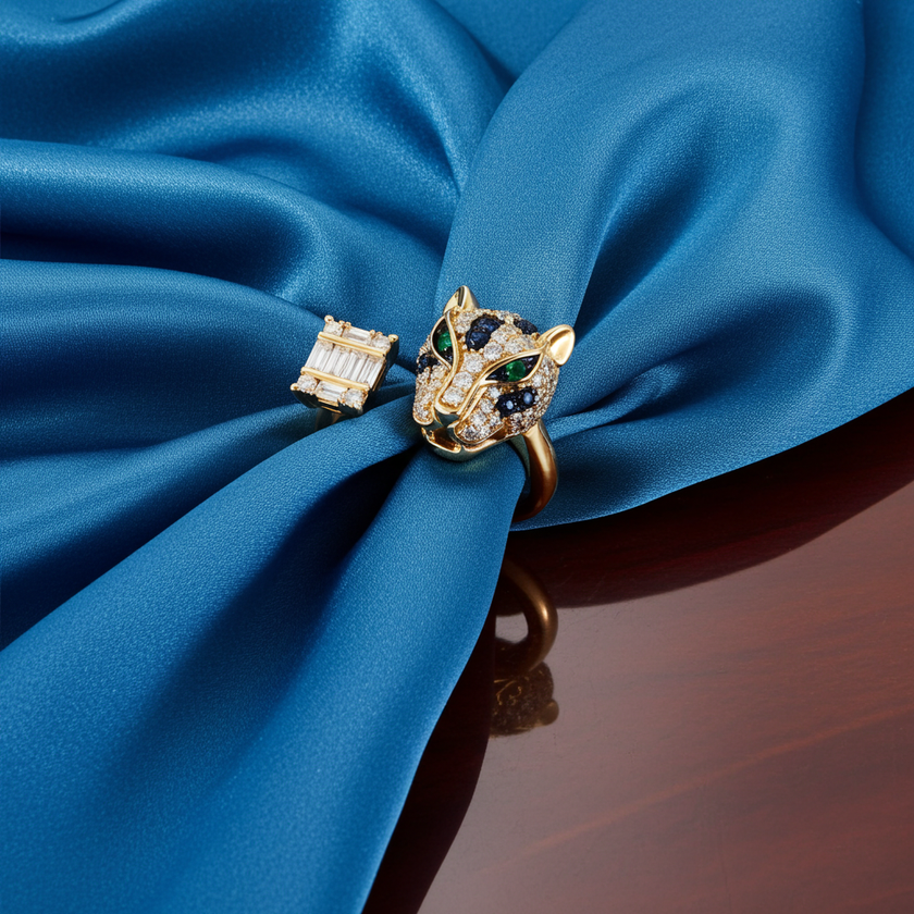 Toi et Moi EFFY Diamond Emerald Sapphire Panther Ring with Emerald Eyes in 14K