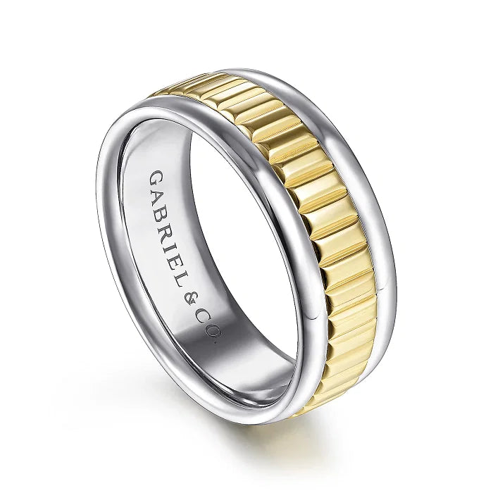 14K White-Yellow Gold 8mm - Two Tone Carved Men's Wedding Band in High Polish Finish