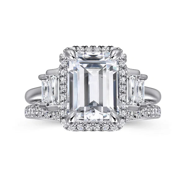 Outstanding Five Stone Emerald Cut Halo Diamond Engagement Ring in 18K Gold | Gemma's Jewelers