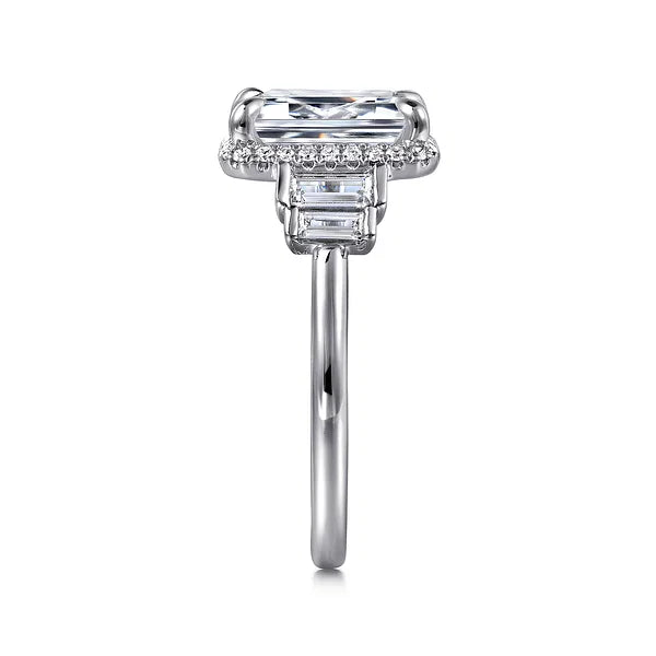 Outstanding Five Stone Emerald Cut Halo Diamond Engagement Ring in 18K Gold | Gemma's Jewelers