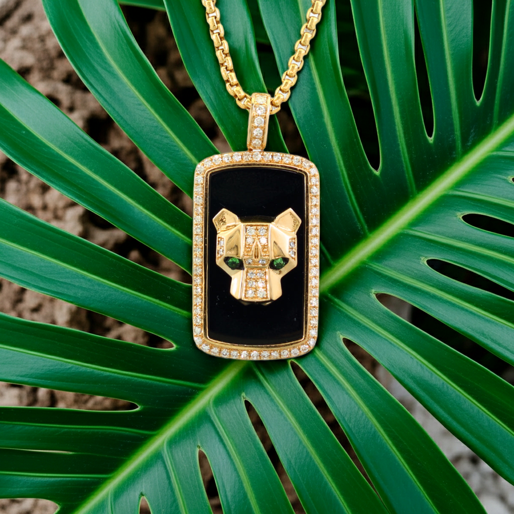 Modern Design Black Onyx and Diamonds EFFY Panther Necklace with Tsavorite Eyes in 14K