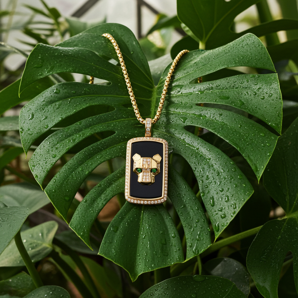 Modern Design Black Onyx and Diamonds EFFY Panther Necklace with Tsavorite Eyes in 14K