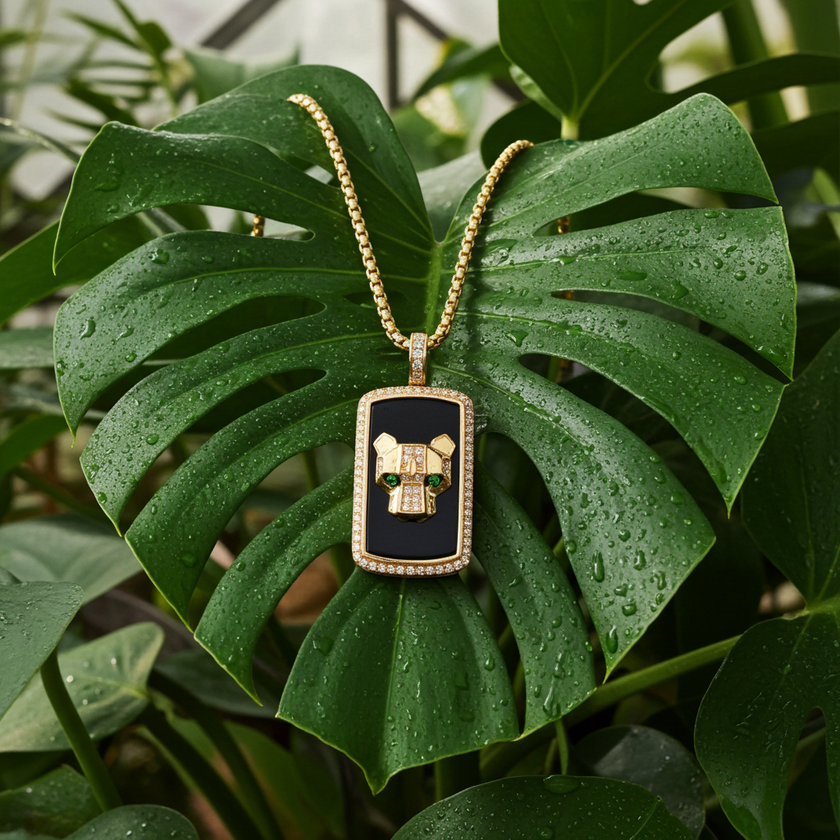 Modern Design Black Onyx and Diamonds EFFY Panther Necklace with Tsavorite Eyes in 14K