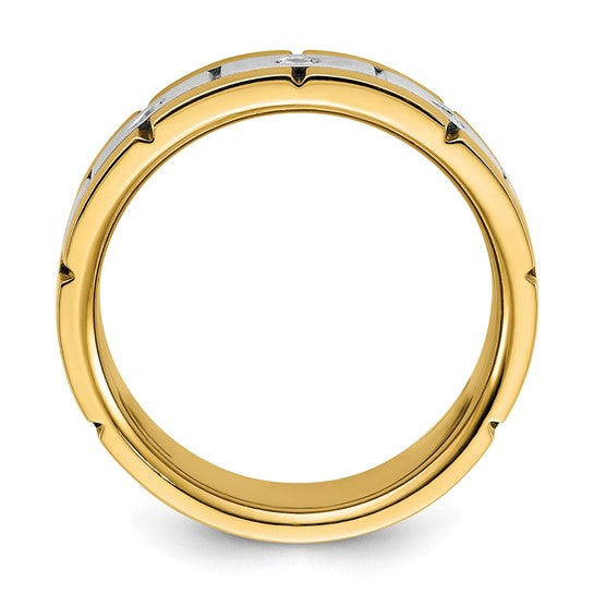 Elevate your everyday style with this striking men's diamond ring, expertly crafted in 14K two-tone gold. Featuring three brilliant diamonds totaling 1/6 carat, this piece combines timeless sophistication with modern design.