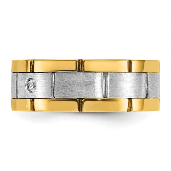 Elevate your everyday style with this striking men's diamond ring, expertly crafted in 14K two-tone gold. Featuring three brilliant diamonds totaling 1/6 carat, this piece combines timeless sophistication with modern design.