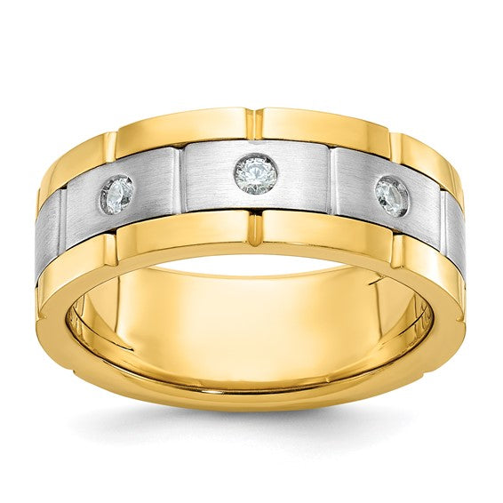 Elevate your everyday style with this striking men's diamond ring, expertly crafted in 14K two-tone gold. Featuring three brilliant diamonds totaling 1/6 carat, this piece combines timeless sophistication with modern design.