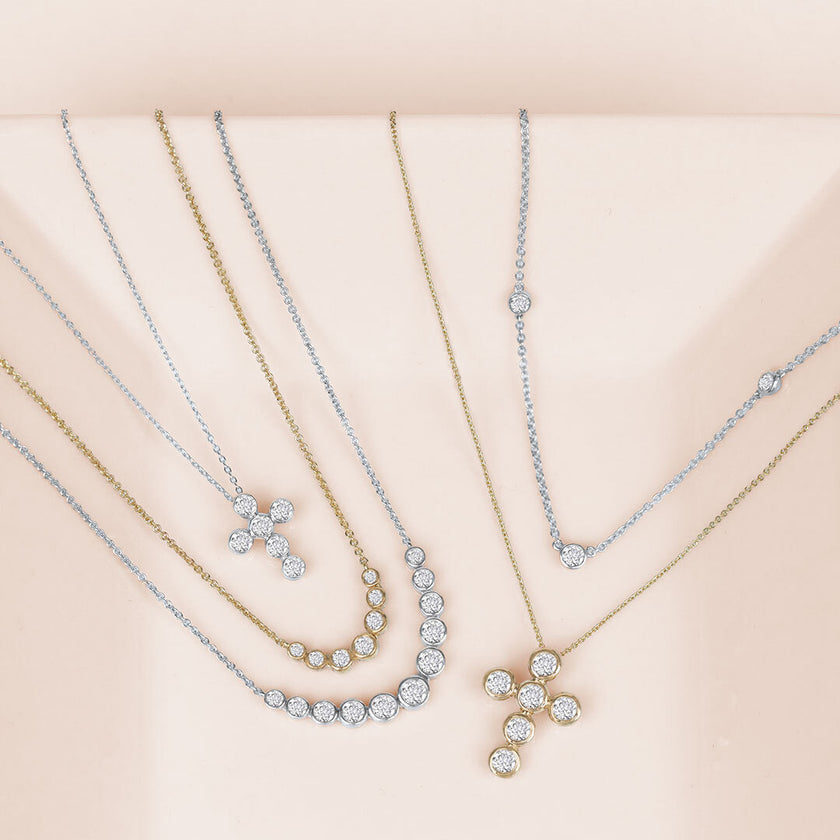 Round Cut Diamond 6-Stone Bezel Set Cross Pendant With Chain in 14K White Gold