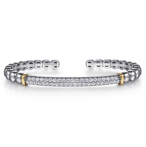 The Bujukan Collection White Sapphire Bar Open Cuff Bangle in Sterling Silver and 14K Gold