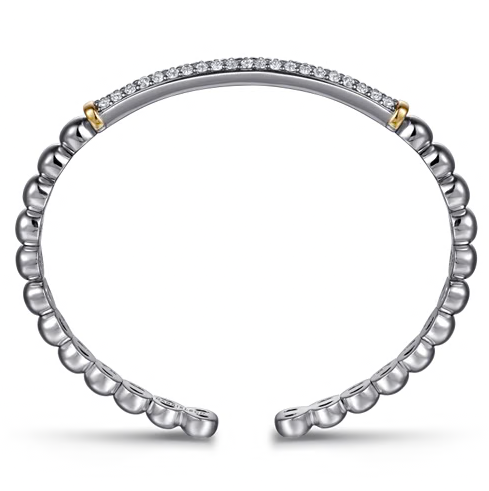 The Bujukan Collection White Sapphire Bar Open Cuff Bangle in Sterling Silver and 14K Gold