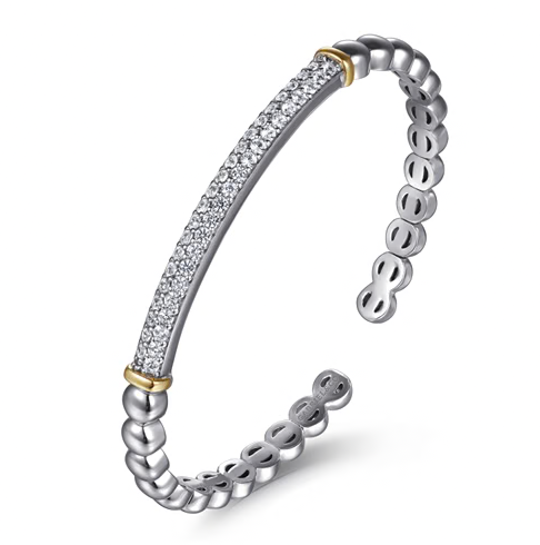 The Bujukan Collection White Sapphire Bar Open Cuff Bangle in Sterling Silver and 14K Gold