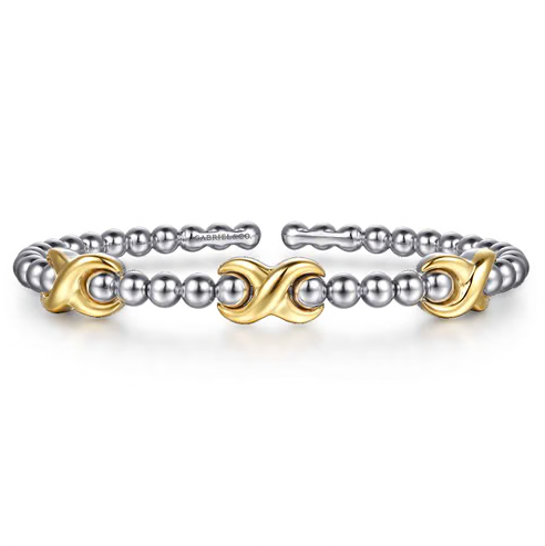 The Bujukan Collection Two-Tone Crossover Station Open Cuff Bangle in Sterling Silver and 14K Gold