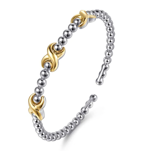 The Bujukan Collection Two-Tone Crossover Station Open Cuff Bangle in Sterling Silver and 14K Gold