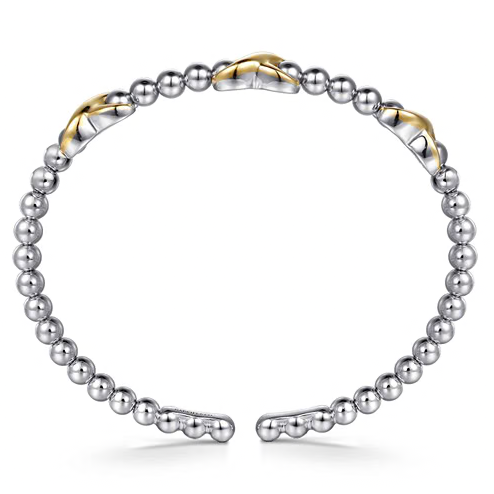 The Bujukan Collection Two-Tone Crossover Station Open Cuff Bangle in Sterling Silver and 14K Gold