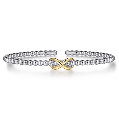 The Bujukan Collection Two-Tone Infinity Beaded Open Cuff Bangle in Sterling Silver and 14K Gold