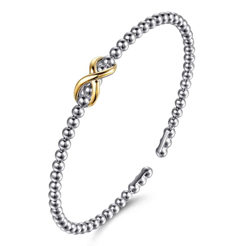 The Bujukan Collection Two-Tone Infinity Beaded Open Cuff Bangle in Sterling Silver and 14K Gold