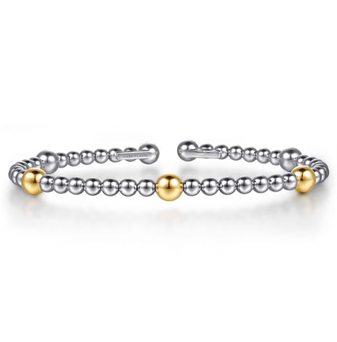 The Bujukan Collection Two-Tone Beaded Station Open Cuff Bangle in Sterling Silver and 14K Gold