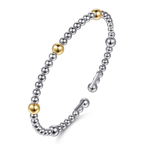 The Bujukan Collection Two-Tone Beaded Station Open Cuff Bangle in Sterling Silver and 14K Gold