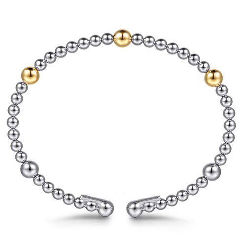 The Bujukan Collection Two-Tone Beaded Station Open Cuff Bangle in Sterling Silver and 14K Gold