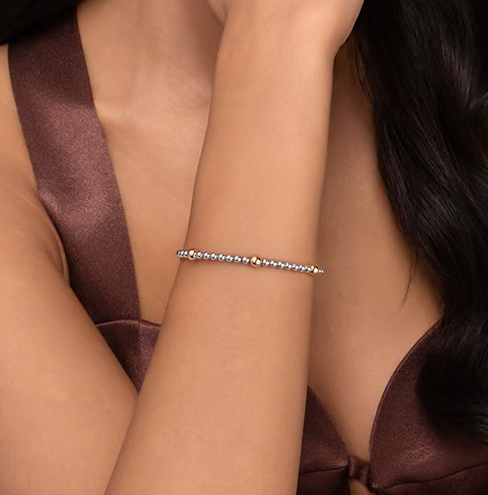 The Bujukan Collection Two-Tone Beaded Station Open Cuff Bangle in Sterling Silver and 14K Gold