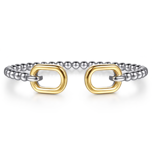 The Bujukan Collection Two-Tone Link Station Open Cuff Bangle in Sterling Silver and 14K Gold