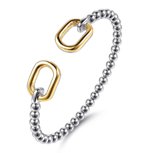 The Bujukan Collection Two-Tone Link Station Open Cuff Bangle in Sterling Silver and 14K Gold
