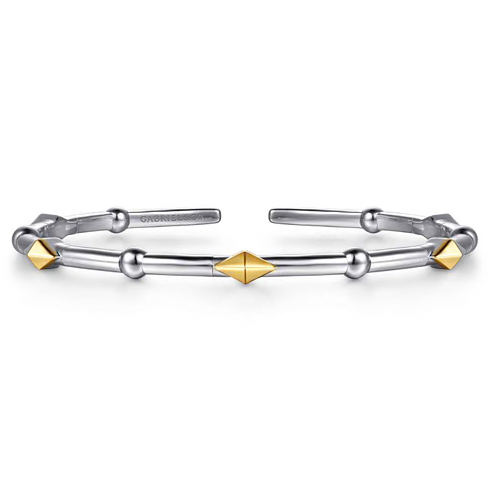 The Bujukan Collection Two-Tone Rhombus Pyramid Open Cuff Bangle in Sterling Silver and 14K Gold