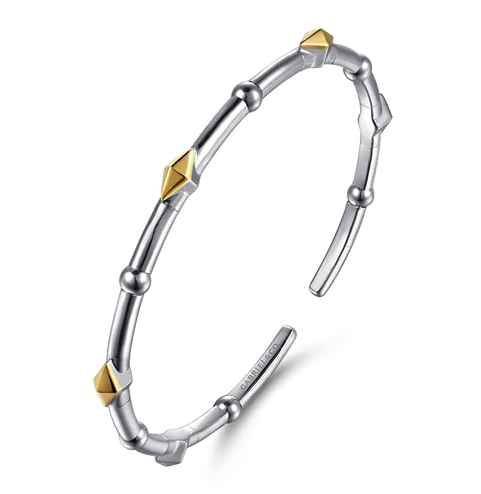 The Bujukan Collection Two-Tone Rhombus Pyramid Open Cuff Bangle in Sterling Silver and 14K Gold