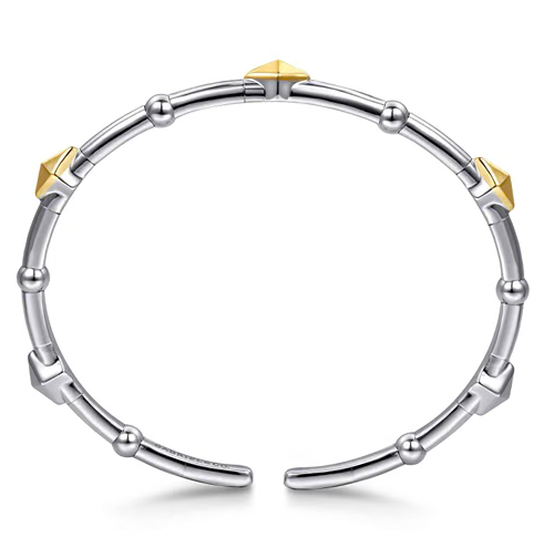 The Bujukan Collection Two-Tone Rhombus Pyramid Open Cuff Bangle in Sterling Silver and 14K Gold