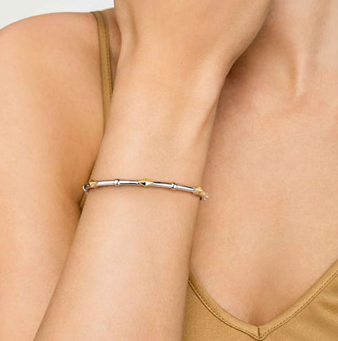 The Bujukan Collection Two-Tone Rhombus Pyramid Open Cuff Bangle in Sterling Silver and 14K Gold