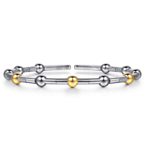 The Bujukan Collection Two-Tone Segmented Bead Open Cuff Bangle in Sterling Silver and 14K Gold