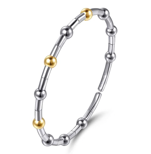 The Bujukan Collection Two-Tone Segmented Bead Open Cuff Bangle in Sterling Silver and 14K Gold