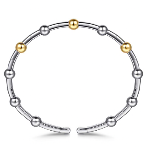 The Bujukan Collection Two-Tone Segmented Bead Open Cuff Bangle in Sterling Silver and 14K Gold