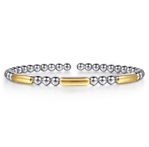 The Bujukan Collection Two-Tone Three-Bar Station Open Cuff Bangle in Sterling Silver and 14K Gold