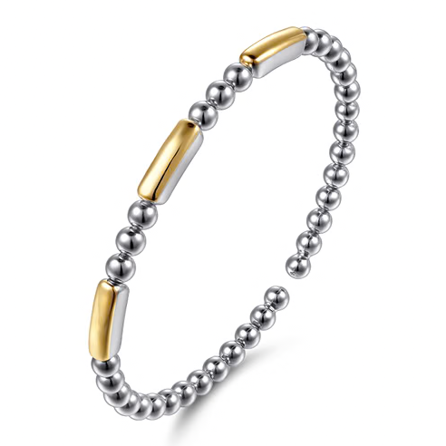 The Bujukan Collection Two-Tone Three-Bar Station Open Cuff Bangle in Sterling Silver and 14K Gold