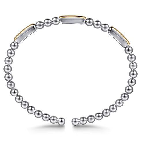 The Bujukan Collection Two-Tone Three-Bar Station Open Cuff Bangle in Sterling Silver and 14K Gold