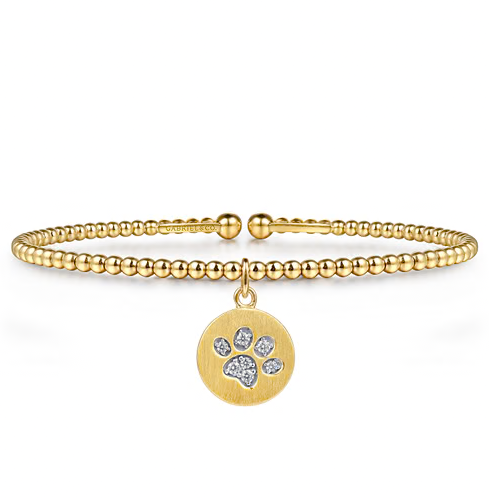 The Bujukan Collection Diamond Paw Print Medallion Open Cuff Bangle in 14K Yellow Gold