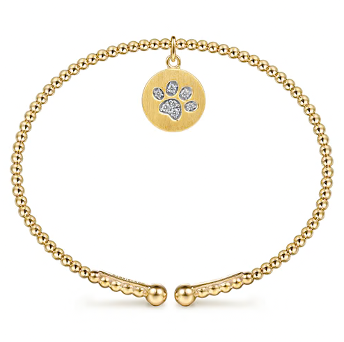 The Bujukan Collection Diamond Paw Print Medallion Open Cuff Bangle in 14K Yellow Gold