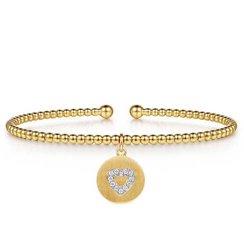 The Bujukan Collection Diamond Heart Charm Open Cuff Bangle in 14K Two-Tone Gold