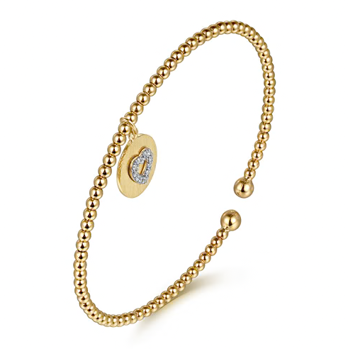 The Bujukan Collection Diamond Heart Charm Open Cuff Bangle in 14K Two-Tone Gold