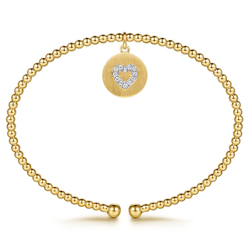 The Bujukan Collection Diamond Heart Charm Open Cuff Bangle in 14K Two-Tone Gold