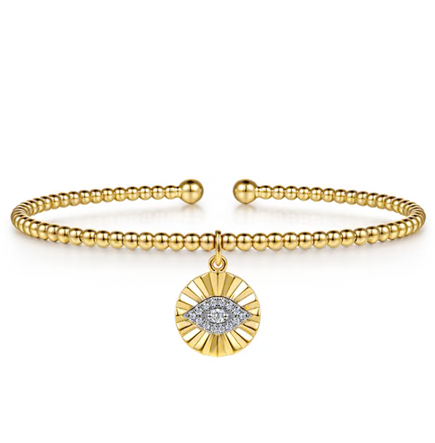 The Bujukan Collection Diamond Evil Eye Sunburst Charm Open Cuff Bangle in 14K Two-Tone Gold