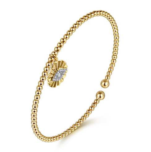 The Bujukan Collection Diamond Evil Eye Sunburst Charm Open Cuff Bangle in 14K Two-Tone Gold