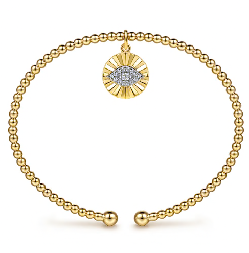 The Bujukan Collection Diamond Evil Eye Sunburst Charm Open Cuff Bangle in 14K Two-Tone Gold