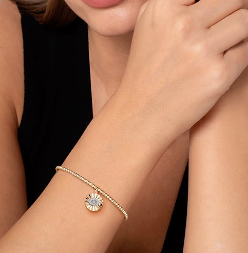 The Bujukan Collection Diamond Evil Eye Sunburst Charm Open Cuff Bangle in 14K Two-Tone Gold