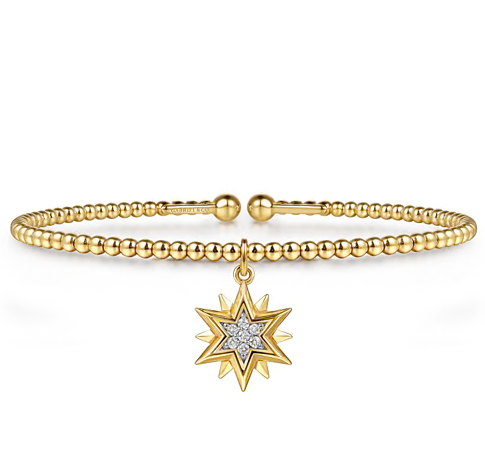 The Bujukan Collection Diamond-Accented Starburst Charm Open Cuff Bangle in 14K Yellow Gold
