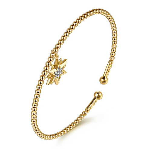 The Bujukan Collection Diamond-Accented Starburst Charm Open Cuff Bangle in 14K Yellow Gold